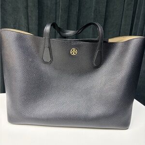 Tory Burch Black Leather Tote | Large Work Bag | Pebbled Leather with Gold Logo